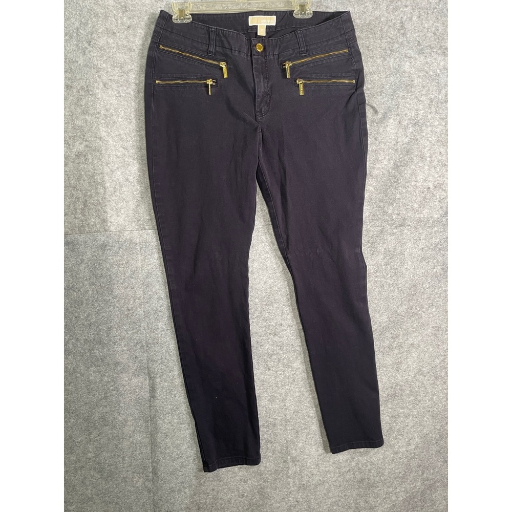 Michael Kors Womens Navy Blue Gold Zipper Skinny Pants Size 12 Stretch Chino